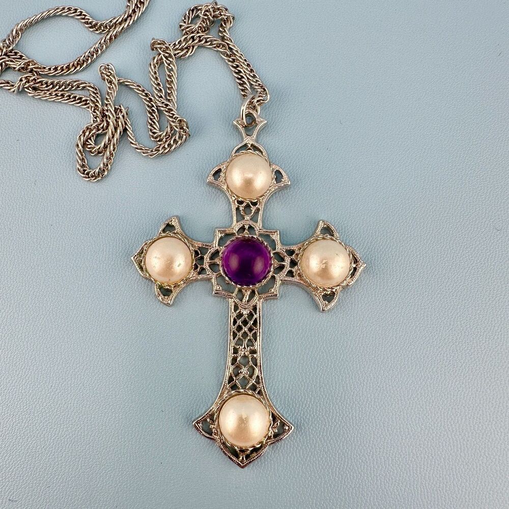 Vintage Cross Pendant Necklace LG Silver Tone Purple Cabochon Faux Pearl Signed